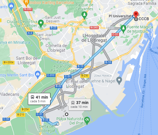 Google maps with Aerobus airport to the CCCB venue route