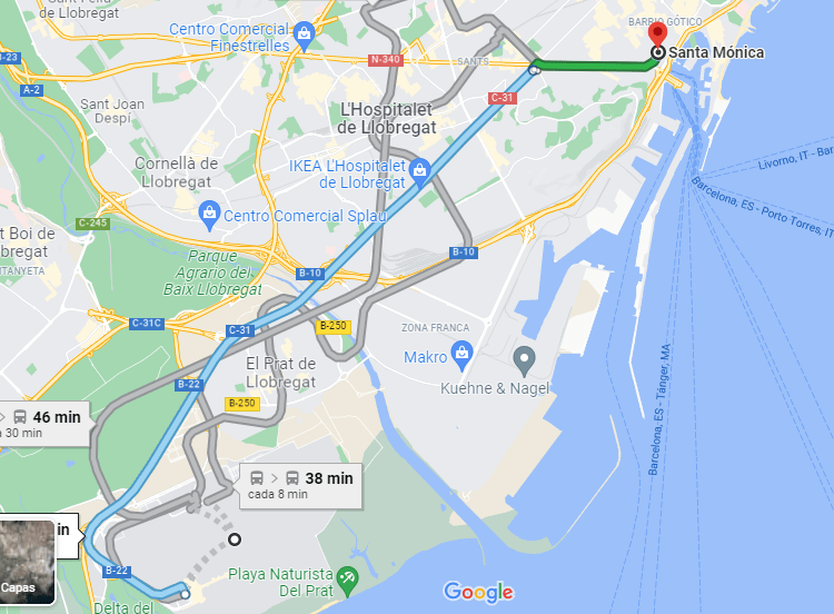 Google maps. Bus + metro route from the Airport to Arts Santa Mònica