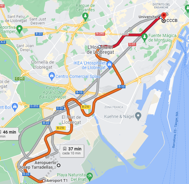 Google Map with connection from Airport to CCCB by metro
